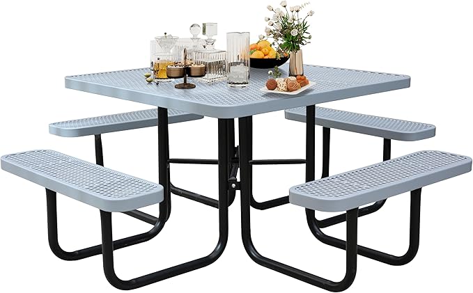 Sunnibety 8-Person Picnic Tables for Outdoors, Industrial 46" Expanded Metal Square Picnic Table with 4 Benches & Umbrella Hole, Outside Table and Bench Set for Garden, Backyard, Porch, Patio, Grey