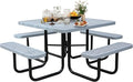 46Inch Square Picnic Table for 8 Person, Outdoor Heavy Duty Sturdy Picnic Tables with 4 Benches & Umbrella Hole, Commercial Metal Patio Picnic Table for Garden, BBQ, Coffee Store, Party, Porch (Grey)