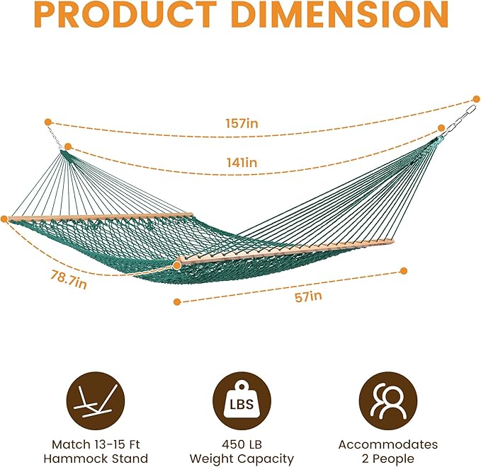 Lazy Daze Hammocks 12FT Double Rope Hammocks, 2 Person Hand Woven Cotton Hammock with Spreader Bar for Outside, Patio, Poolside, FIT 13-15 Foot Stand, Max 450 Lbs, Green, 141 x 57 inches