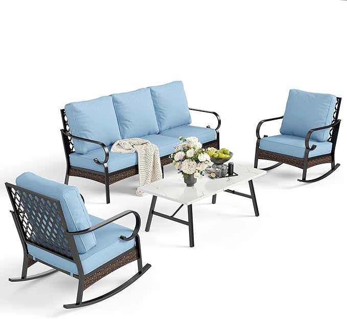 SUNSHINE VALLEY 4 PCS Metal Outdoor Patio Furniture Set, Patio Conversation Sets 1 3-Seater Sofa, 2 Rocking Chairs with 5.75" Extra Thick Cushion & Coffee Table, Black Frame Backyard Furniture, Blue