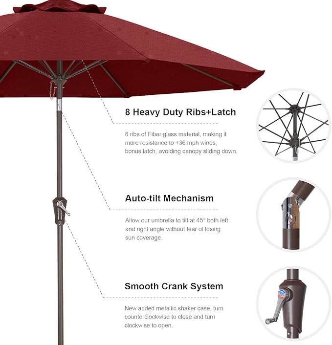 ABCCANOPY 10-Year No Fading 9FT Patio Umbrella, Acrylic Outdoor Table Umbrella with 8 Sturdy Ribs for Deck, Backyard, Garden, Yard (Burgundy)