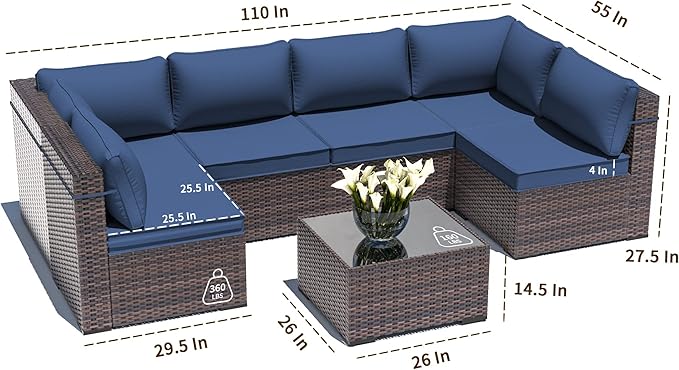 Outdoor Patio Furniture Set, 7 Pieces Outdoor Sectional Furniture Patio Sofa, All-Weather PE Rattan Patio Conversation Set with Tempered Glass Top Table & Cushions(Navy Blue).
