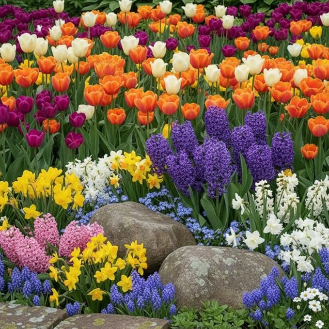 50 Mixed Flowers Bulbs for Fall Planting, Early Spring Bloom, 50 Days Colorful Blooms, Top Size Bulb, Easy Care, 5 Random Varieties for Groundcover