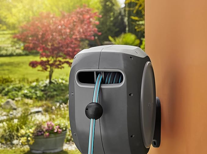 GARDENA (20500) Retractable Garden Hose Reel 50' x 1/2" hose, Wall Mounted, Automatic Retraction & Length Lock for Easy Watering. Heavy Duty Swivel Bracket 180°, Includes Nozzle. Made in Europe