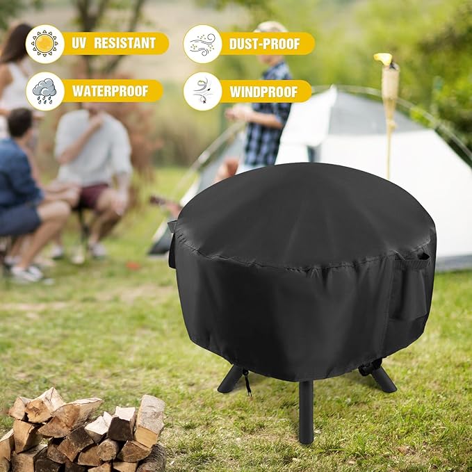 POMER Patio Fireplace Cover, Round Fire Pit Cover for 28 Inch Outdoor Fireplace Waterproof Heatwave Fire Bowl Cover Round -28"D x 43"H