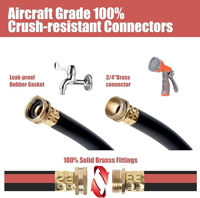 50FT Heavy Duty Flexible Garden Hose,Outdoor Water Hose 5/8Inch with 7 Pattern Spray Nozzle,No Tangle Rubber Hose Car Washing Pipe with 3/4"100% Solid Brass Fittings