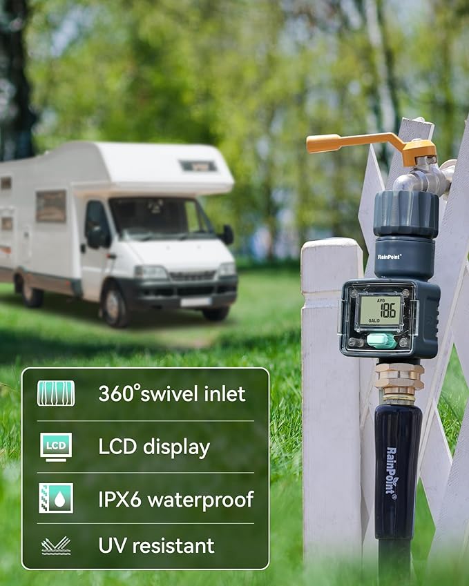 RAINPOINT Water Flow Meter, Measure Consumption and Flow Rate up to 9999.9 Gallon/Liter, ±5% Accuracy, Water Meter for RV, Garden Hose, Pool, Lawn Sprinkler & Nozzle Sprayer