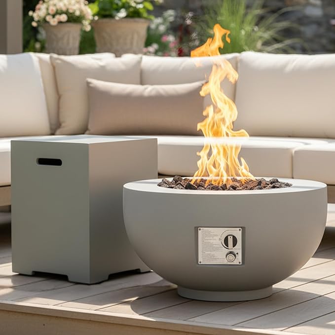 28-inch Round Fire Pit Table with Propane Tank Table,Set-2-Piece,Light Concrete Fire Pit Bowl with Free Lava Rocks, Rain Cover and Burner Lid, for Outside Patio, Garden, Deck, Light Grey
