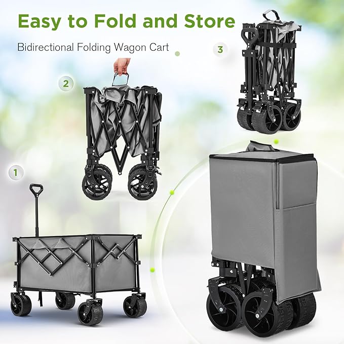 Bezseller Collapsible Wagon 400 lbs, Wagons Carts Foldable, Beach Carts with Big Wheels for Sand, Utility Folding Cart with All-Terrain Wheels, for Grocery, Sports, Shopping and Camping, Grey