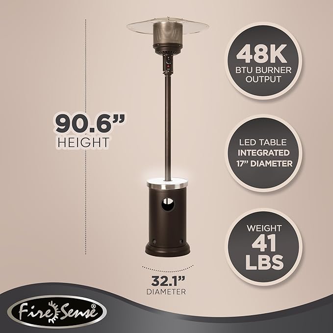 Fire Sense 67977 Mocha Finish Powder Coated Patio Heater with LED Table