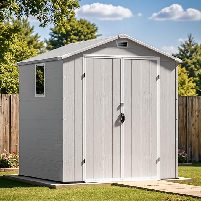 Patiowell 6 x 6 FT Outdoor Storage Shed with Lockable Door & Floor - Resin Garden Tool Shed with Window, Waterproof Easy Assembly for Backyard, Lawn Equipment, Patio Furniture Storage (Light Grey)