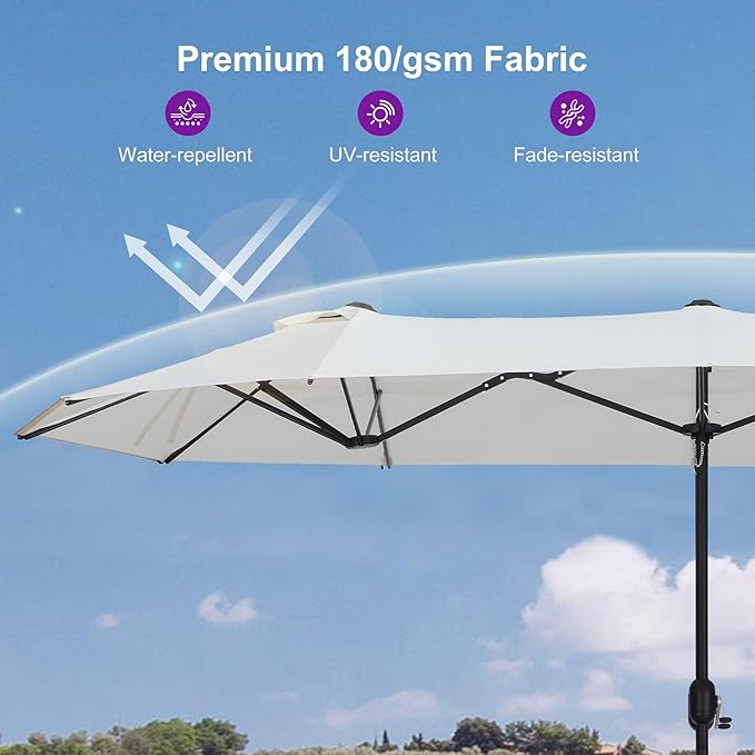 PURPLE LEAF 14ft Patio Market Umbrella with Base Double-Sided Rectangle Outdoor Table Sun Umbrellas with Crank 12 Heavy Duty Sturdy Ribs for Pool Beach Deck Backyard Cream