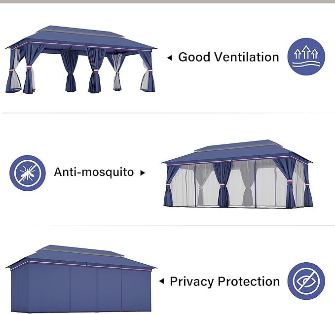 LAUSAINT HOME Outdoor Patio Gazebo 10'x20' with Expansion Bolts, Heavy Duty Party Tent & Shelter with Double Roofs, Mosquito Nettings and Privacy Screens for Backyard (Klein Blue)