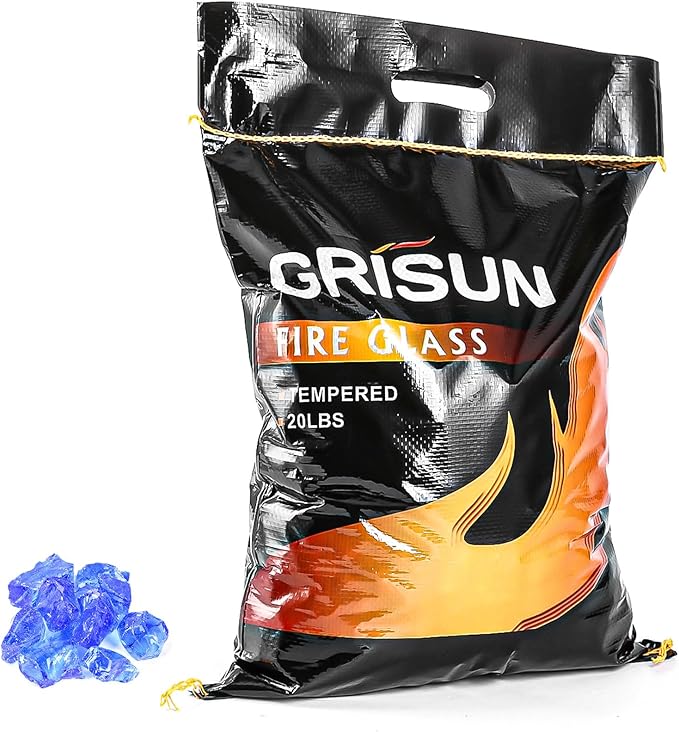 GRISUN Blue Fire Glass for Fire Pit - 1/2 Inch 20 Pounds Tempered Glass Rocks for Natural or Propane Fireplace, Safe for Outdoors and Indoors Firepit Glass