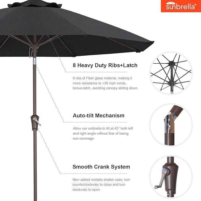 ABCCANOPY 10-Year No Fading 9FT Patio Umbrella, Acrylic Outdoor Table Umbrella with 8 Sturdy Ribs for Deck, Backyard, Garden, Yard (Black)