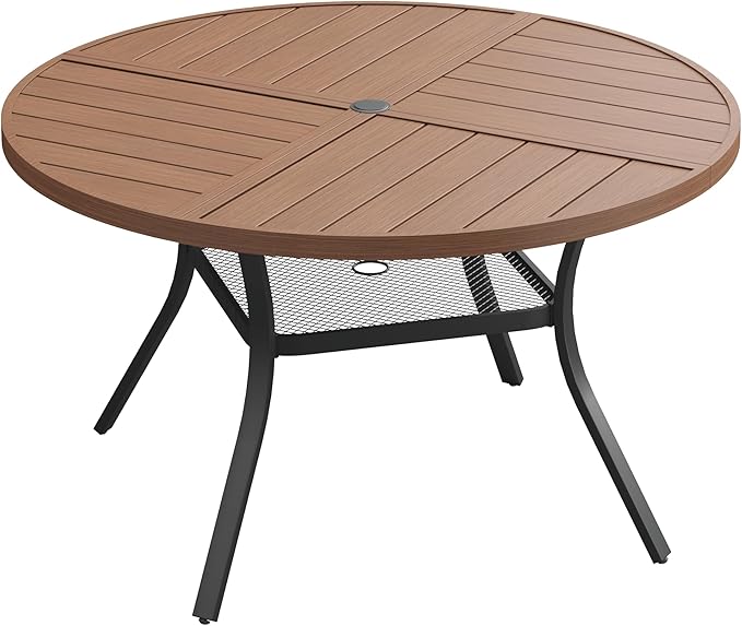 VICLLAX Round Patio Dining Table, 4-6 Person Metal Outdoor Dining Table with Umbrella Hole and Storage Shelf for Garden Lawn Deck, 47.2" Walnut