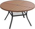 VICLLAX Round Patio Dining Table, 4-6 Person Metal Outdoor Dining Table with Umbrella Hole and Storage Shelf for Garden Lawn Deck, 47.2" Walnut