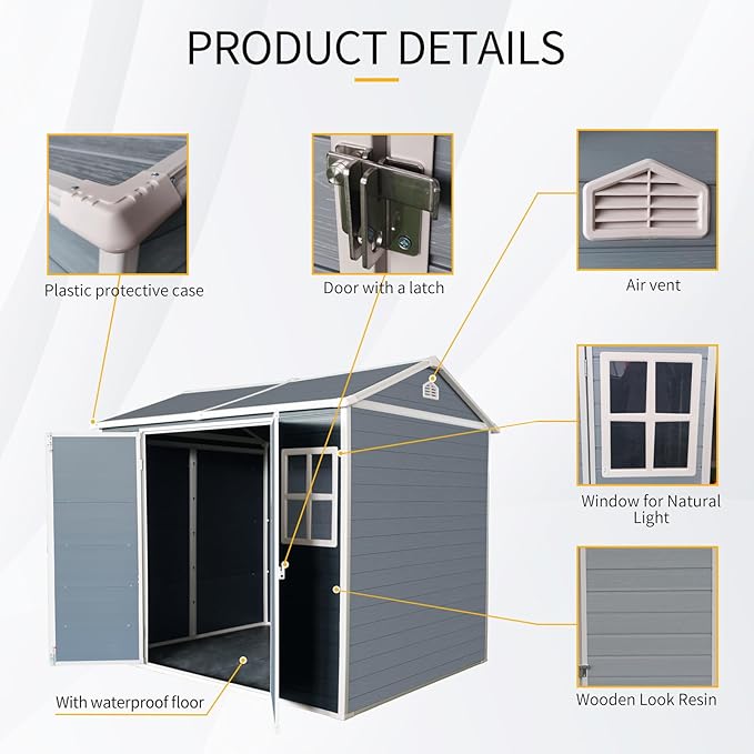 8x6 ft Outdoor Resin Storage Shed with Floor, Waterproof Plastic Garden Shed with Lockable Door and Two Windows, All-Weather Tool Sheds for Backyard, Patio, Lawn (Grey)