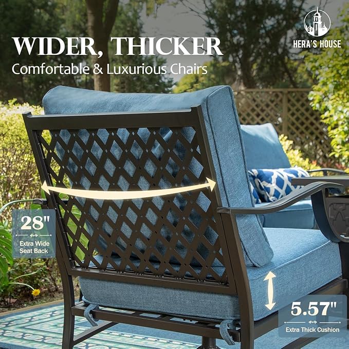 HERA'S HOUSE 5 Pcs Patio Furniture Set with Fire Pit Table, 4 x Thick Cushioned Rocking Chairs, 1 x 28 Fire Pit Table (50,000 BTU), Conversation Set for Garden Backyard Lawn, Navy Blue