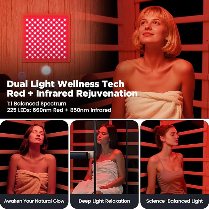 2-Person Full Spectrum Sauna, 1990W 120V with Red Light Therapy, 2 Speakers, Indoor Dry Sauna for Home & Gym, Canadian Hemlock Wood