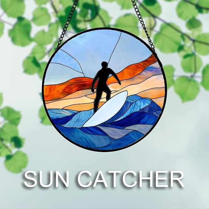 AMDERVEN Stained Glass Window Hanging 4 Pcs Set Blue Ocean Surfing Beach 7.8" - Suncatcher Door Garden Sun Catcher Decor Birthday Mother's Day for Firefighte Men Woman Nana Mom