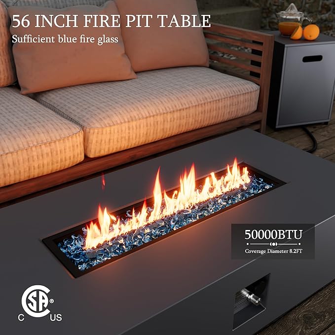 UPHA 56-inch Outdoor Propane Gas Fire Pit Table 50000 BTU Iron Rectangle Firepit for Outside Patio with Tank Hidden Table, Removable Lid, Blue Glass Rocks, Rain Cover, Grey