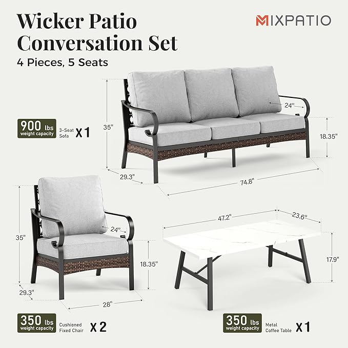 Patio Furniture Set with Coffee Table, Outdoor Conversation Set with 2 x Fixed Chairs, 1 x 3-Seat Sofa for Lawn Garden Backyard, Light Grey