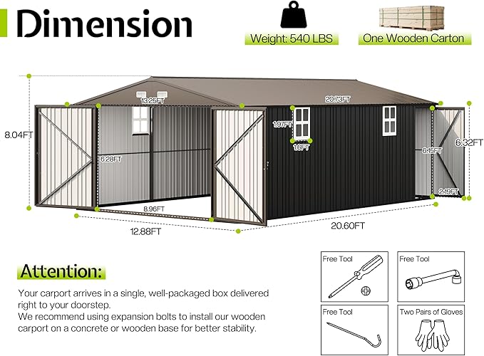 Jocisland 13.2x20.7x8.4 FT Heavy Duty Metal Carport, Car Canopy with 2 Lockable Doors & 4 Windows, All-Weather Car Shelter for Boat, Truck, Tractor, Equipment Storage, Dark Gray