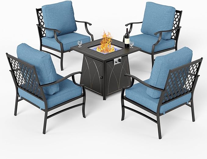 SUNSHINE VALLEY 5 Piece Metal Outdoor Patio Furniture Set with Fire Pit Table, Patio Conversation Sets 4 Fixed Chairs with 5.75" Thick Cushion and 5000 BTU Fire Pit Table, Backyard Furniture, Navy