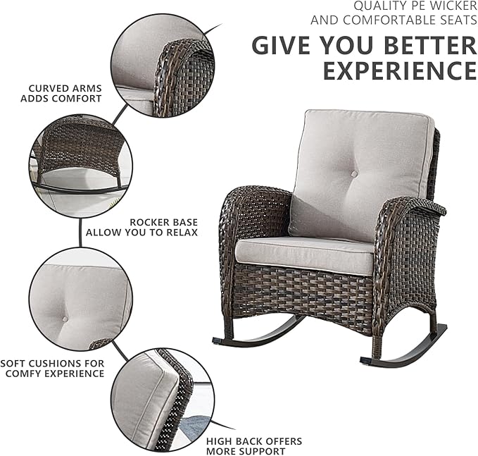 HUMMUH 5 Pieces Wicker Patio Furniture Set,Outdoor Rocker Chairs,Patio Ottomans,Glass Top Side Table,Outdoor Conversation Set for Porch Deck Backyard Poolside