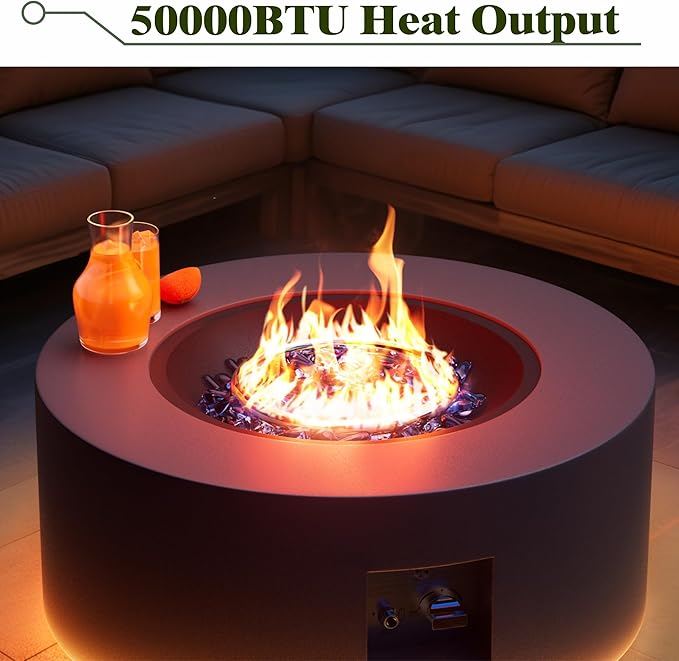 Dineli 2-Piece Outdoor Propane Fire Pit Table Set w Tank Table 30'' Round Fire Pit Table 2-in-1 Firepit Table for Outside Patio Gas Fire Pit w LED, 50,000 BTU, Dark Gray with Warmlight