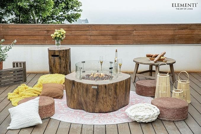 Elementi Lunar Bowl Cast Concrete Fire Table Bundle, Outdoor Fire Pit Fire TablePatio Furniture, Light Gray (Natural Gas)