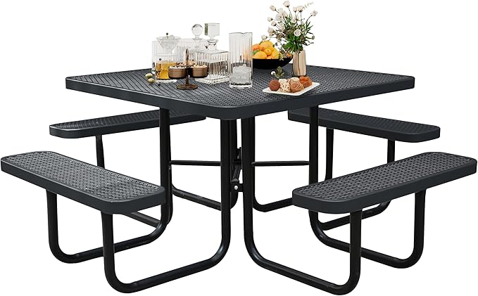 Sunnibety 8-Person Picnic Tables for Outdoors, Industrial 46" Expanded Metal Square Picnic Table with 4 Benches & Umbrella Hole, Outside Table and Bench Set for Garden, Backyard, Porch, Patio, Black