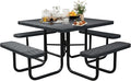 Sunnibety 8-Person Picnic Tables for Outdoors, Industrial 46" Expanded Metal Square Picnic Table with 4 Benches & Umbrella Hole, Outside Table and Bench Set for Garden, Backyard, Porch, Patio, Black