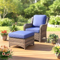2 Pcs High Back Wicker Patio Chair Set with Ottoman, Outdoor Porch Chair with Thick Cushion for Balcony Deck Yard and Porch, Blue