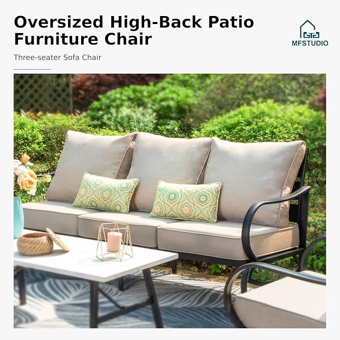 MFSTUDIO Patio Furniture Sets,Outdoor Metal Patio Conversation Sofas with 1 x 3-Seat Sofa for Garden,Beige Cushion