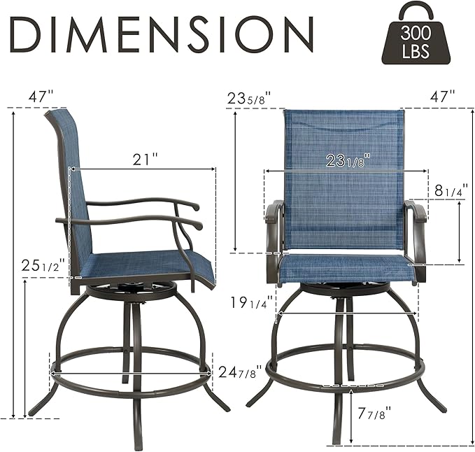 Kozyard Isabella Outdoor Patio High Swivel Bar Stools/Chairs Set for 2 Counter Height Tall Patio Swivel Chairs for Backyard Cafes Bistro Restaurants Chic Bars (NavyBlue/Textilence)