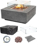 AMS Creations | Albany Square Propane Gas Outdoor Fire Pit Table | Concrete GFRC Fire Pit Table | with SS Lid, Canvas Cover, Lava Rock and Wind Guard Included (Fuel Type: Liquid Propane)