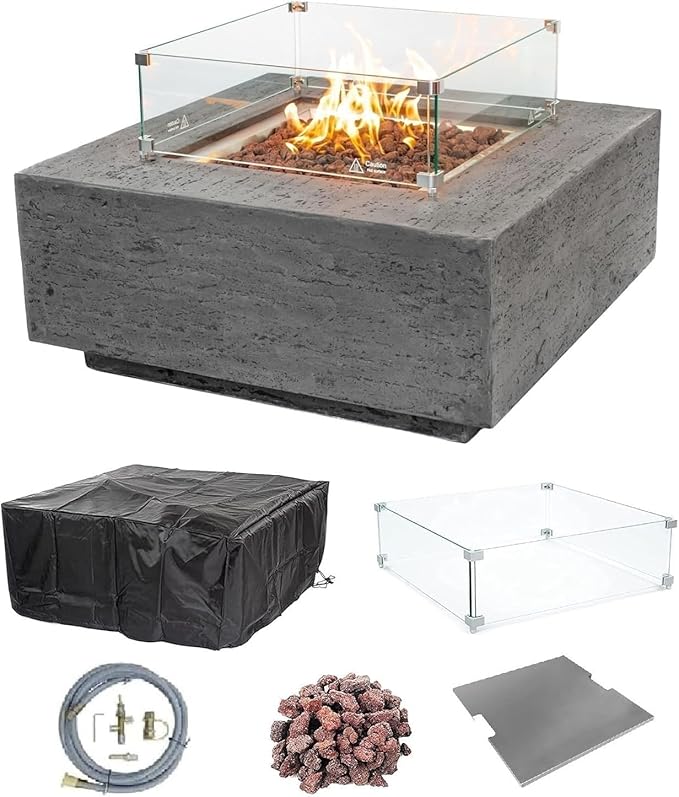 AMS Creations | Albany Square Propane Gas Outdoor Fire Pit Table | Concrete GFRC Fire Pit Table | with SS Lid, Canvas Cover, Lava Rock and Wind Guard Included (Fuel Type: Liquid Propane)