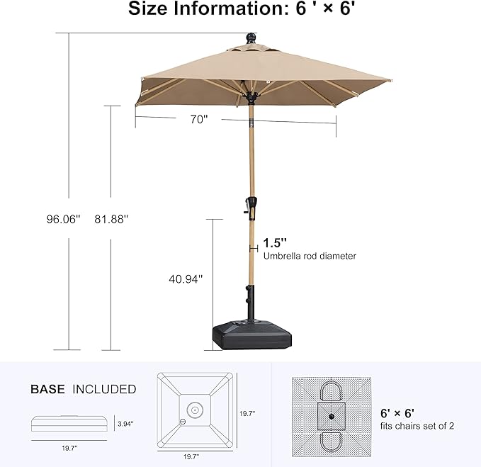 PURPLE LEAF 6' x 6' Patio Umbrella with Base Square Outdoor Table Umbrella Aluminum Market Umbrella with with 8 Sturdy Ribs & Push Button Tilt and Crank Outdoor Umbrellas for Lawn Garden Patio, Taupe