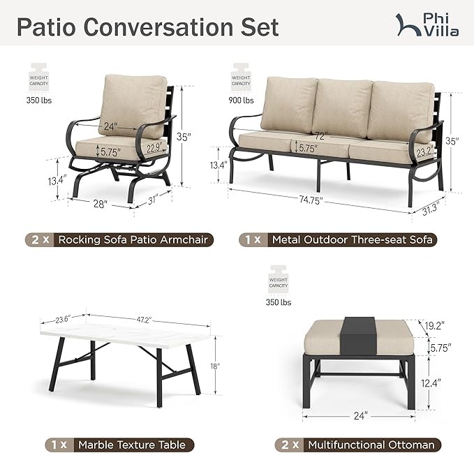 PHI VILLA 6 Piece Patio Furniture Sets with 1x 3-Seat Deep Seating Bench Sofa, 2 C-Base Sofa Chairs, 2 Metal Cushioned Ottoman and & 1 Coffee Table, Deluxe Outdoor Patio Set for 5-7 Person