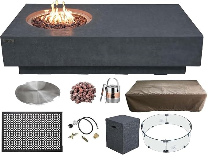 Elementi Metropolis Gas Fire Pit Bundle Concrete Fire Table, Outdoor Fire Pit Electronic Ignition | Canvas Cover, Lava Rock Included | Free AMS Wind Guard | Dark Gray (Propane Gas)