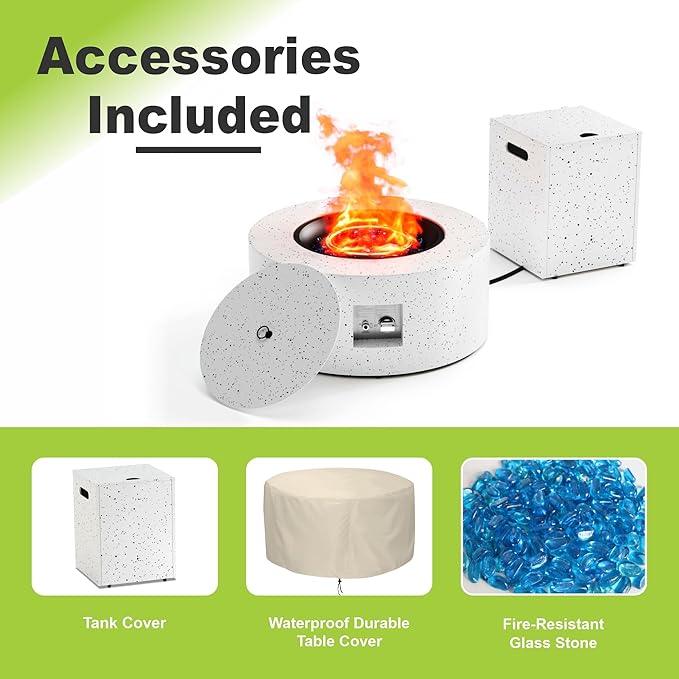 Dineli 2-Piece Outdoor Propane Fire Pit Table Set w Tank Table 30'' Round Fire Pit Table 2-in-1 Firepit Table for Outside Patio Gas Fire Pit Fireplace, 50,000 BTU, Speckled White ﻿