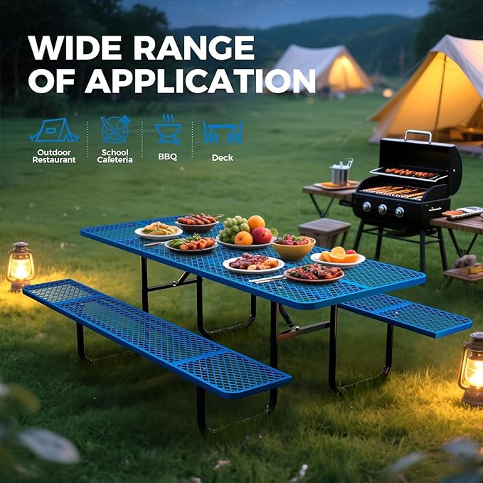 KUFUH 72" Coated Round Metal Picnic Table for 4-6 Person, Durable Heavy Duty Commercial Picnic Table with Umbrella Hole for Outdoor Coffee Shop, School, Easy to Install, Blue