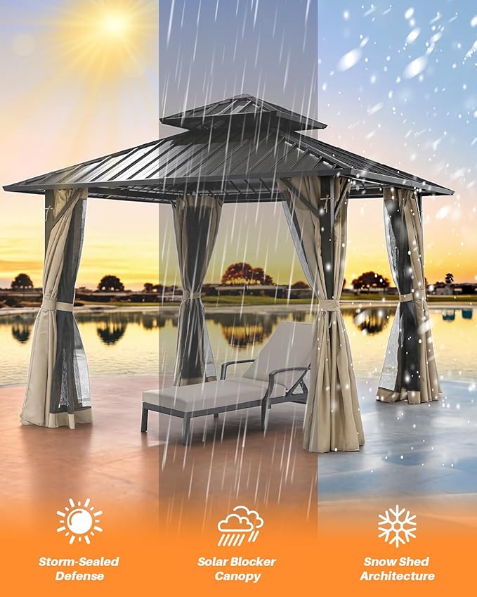 SEEHILL 12' x 12' Hardtop Gazebo, Aluminum Frame Patio Hardtop Gazebos with Netting and Curtain, Outdoor Patio Pergola, Outdoor Patio Gazebo with Double Metal Roofs for Lawns, Garden, Deck, Sandstone