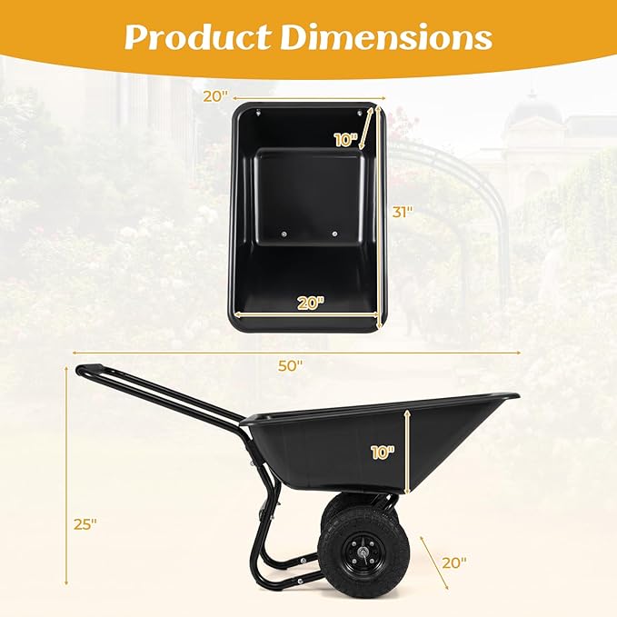 Goplus 2 Wheel Wheelbarrow, 330 LBS Utility Garden Cart with 10” Pneumatic Tires & Handle, 21 Gal Volume, Yard Dump Cart Wheel Barrow, Heavy Duty Wheel Barrow for Lawn (Black Handle+Black Cart)
