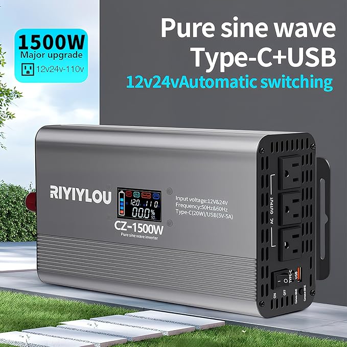 1500W Pure Sine Wave Inverter (3000W Peak), 12V/24V Auto-Detect, 50Hz/60Hz Switchable, LCD Display, Type-C Fast Charging, Silent Design, Overload & Overheat Protection for RV, Home (1500W)