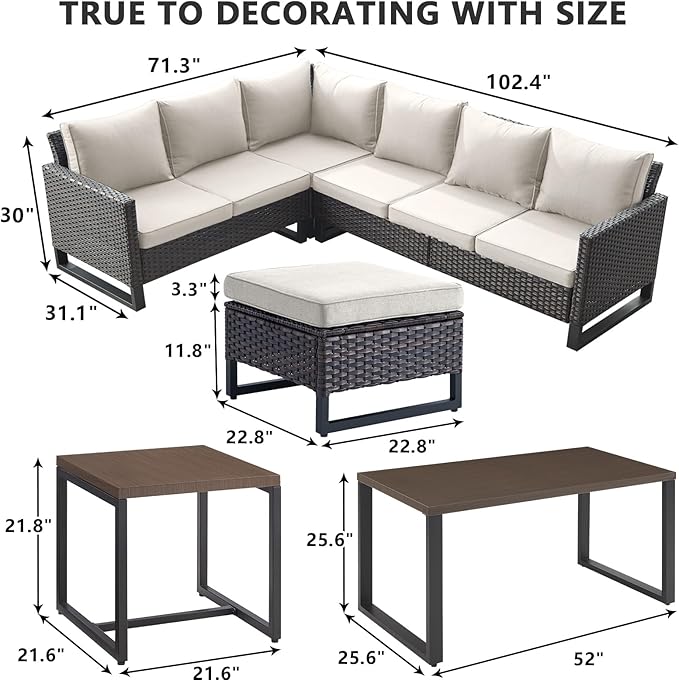 HUMMUH 8 Piece Patio Furniture All Weather 6-Seater Outdoor Sectional Sofa with Patio Swivel Chairs and Outdoor Chairs Ottomans for Porch,Garden,Backyard,Deck(Brown/Beige)