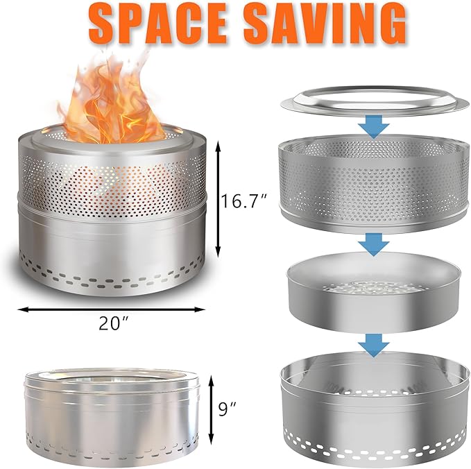 Smokeless Fire Pits for Outside, 20''Portable FirePits for Camping, Outdoor Stainless Steel FirePit with Carry Bag, Wood Burning Stove，Sliver
