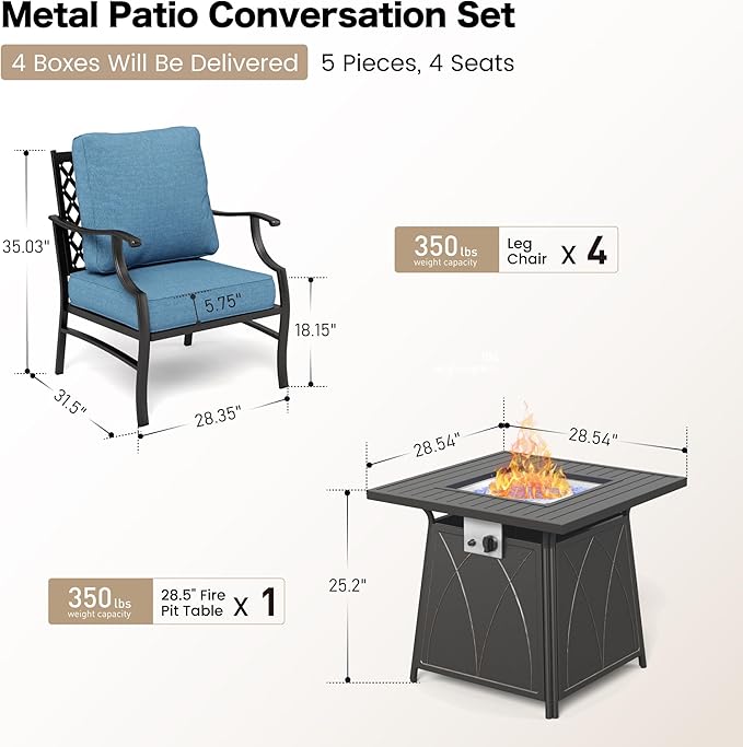 SUNSHINE VALLEY 5 Piece Metal Outdoor Patio Furniture Set with Fire Pit Table, Patio Conversation Sets 4 Fixed Chairs with 5.75" Thick Cushion and 5000 BTU Fire Pit Table, Backyard Furniture, Navy